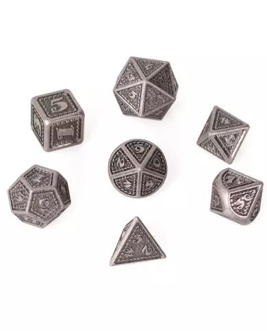 Set De 7 Dés Ludistri En Métal (16mm) - Dragon Scale Silver - Avec Boite En Métal